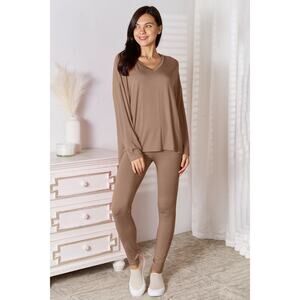 BASIC BAE Mocha V-Neck Soft Rayon Long Sleeve Top Pants Lounge Set NEW MIsses